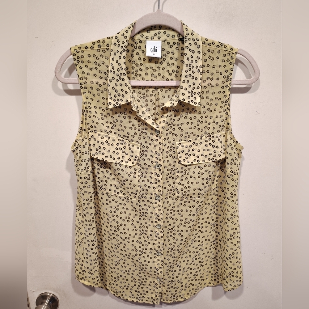 Cabi Women's Semi Sheer Yellow Floral Viola Button Down Tank Top Sz M Casual